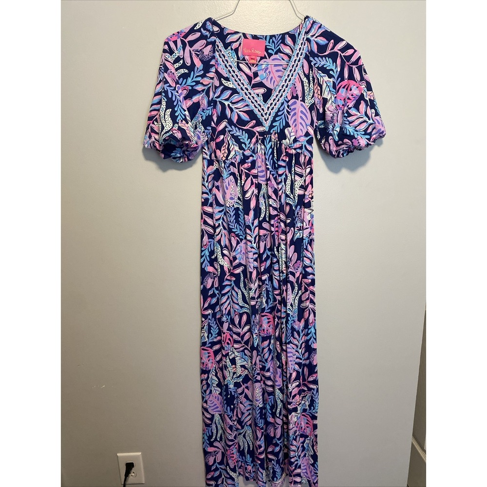 Lilly Pulitzer Manuela Maxi Dress Oyster Bay Navy You've Been Spotted Size XS